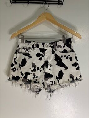Altar'd State Black & White Cow-Print Frayed Denim Shorts
